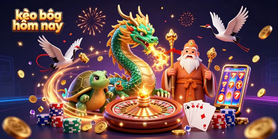 Engage with today's kèo bóng hôm nay through vibrant casino-themed illustration featuring dragon, turtle sage, and lucky cranes.