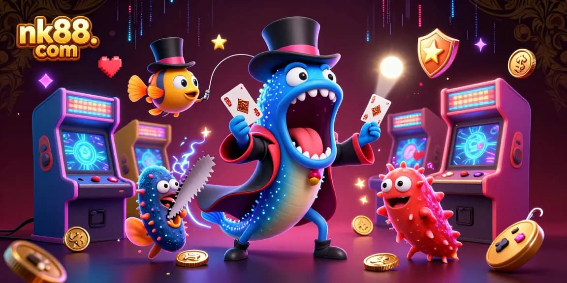 Experience thrilling gaming with nk88. com; cartoon deep-sea characters perform magic amidst vibrant casino elements.