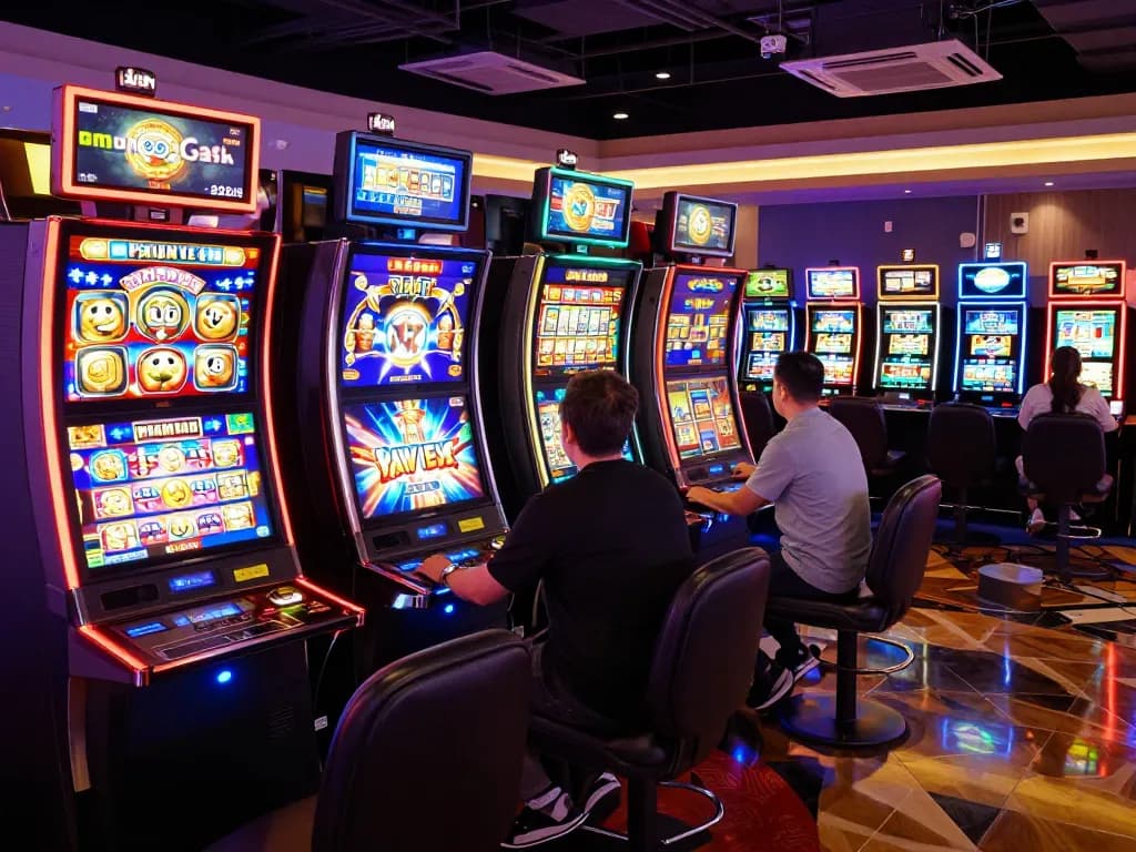 Experience the excitement of Pragmati Play slots lighting up the casino floor with engaged players and vivid colors.