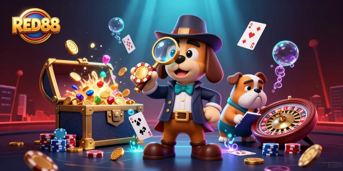 Engage with RED88 through a lively 3D illustration capturing a detective duo amidst casino treasures.