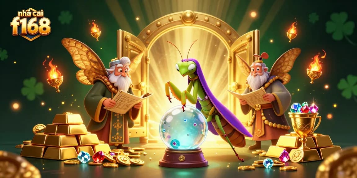 Experience the excitement of nhà cái f168 with this enchanting casino scene featuring a mystic fortune teller and abundant treasures.