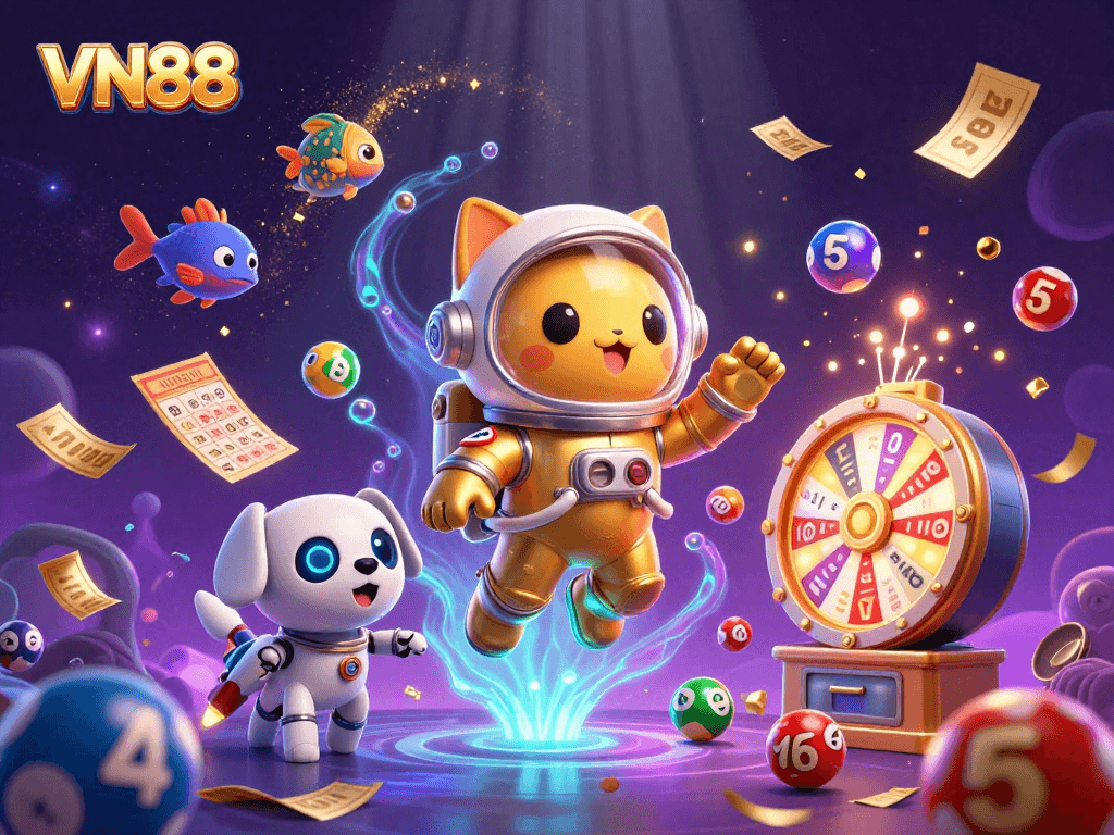 Experience VN88's cosmic adventure with a playful astronaut cat, robot dog, and colorful lottery game elements.