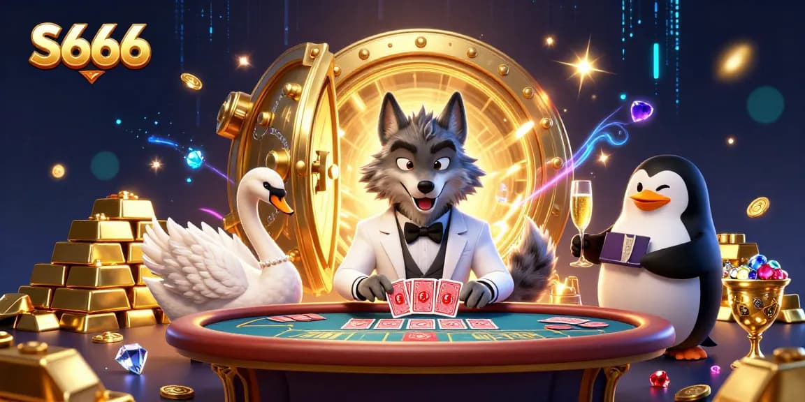 S666 features a 3D wolf and swan at a baccarat table, showcasing rich casino imagery.