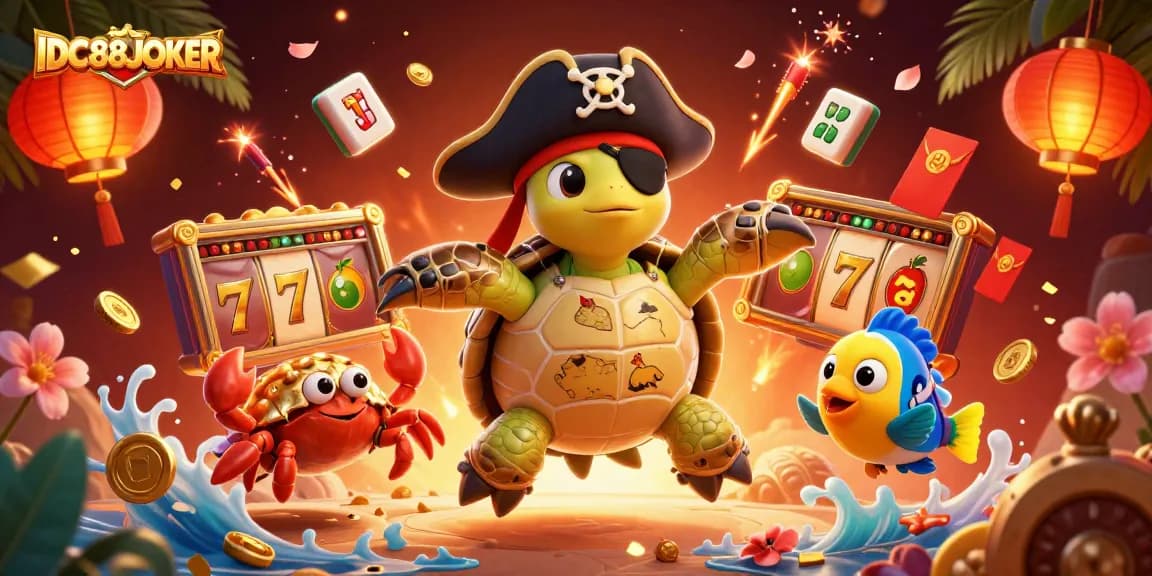 Play to win big cash prizes with IDC88JOKER's exciting slots featuring a pirate turtle and friends.