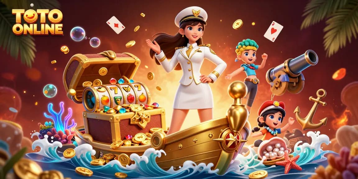 TOTO ONLINE showcases thrilling slot reels with golden coins and treasures in an immersive 3D casino scene.