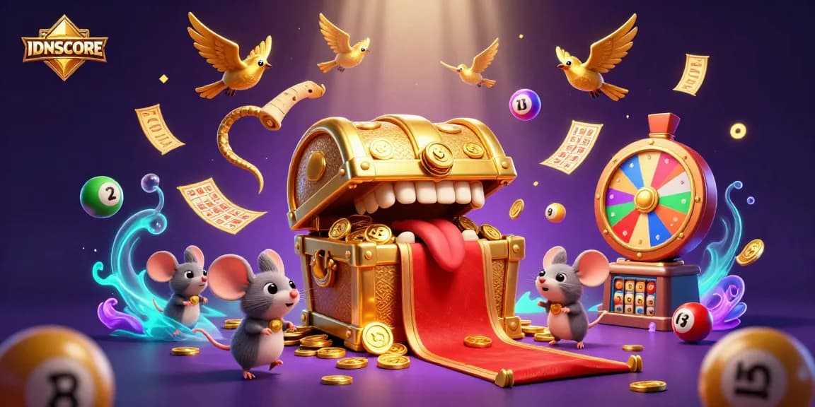 Experience IDNSCORE's thrilling casino adventure with golden treasures, lottery excitement, and vibrant game elements.