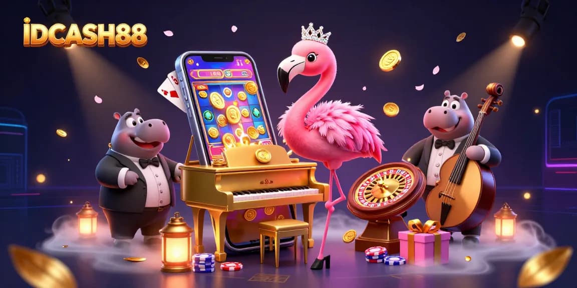 Engage in the thrilling world of IDCASH88, featuring a lively casino scene with vibrant elements and classic gaming symbols.