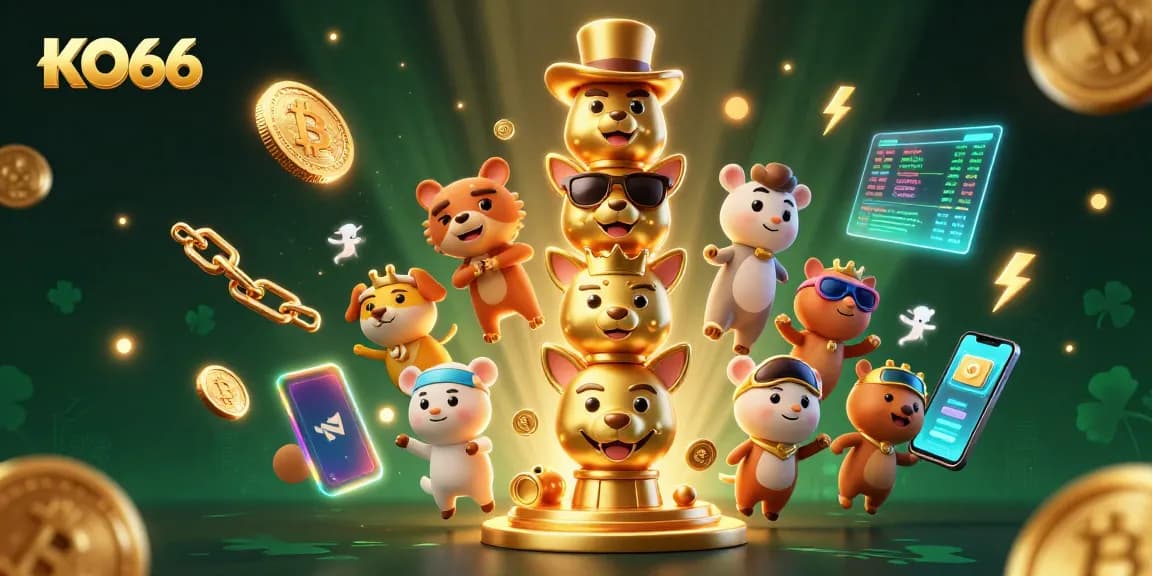 Engage in thrilling casino fun with KO66's vibrant 3D totem and crypto elements in this illustration.