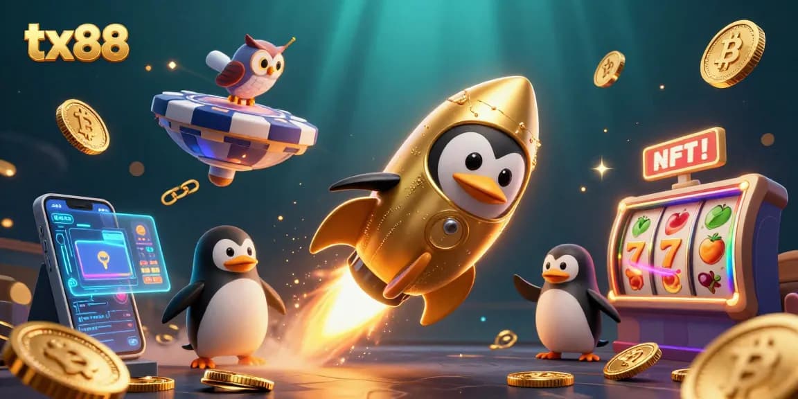 Experience tx88 with a dynamic rocket-powered penguin racing towards a vibrant casino chip in space.