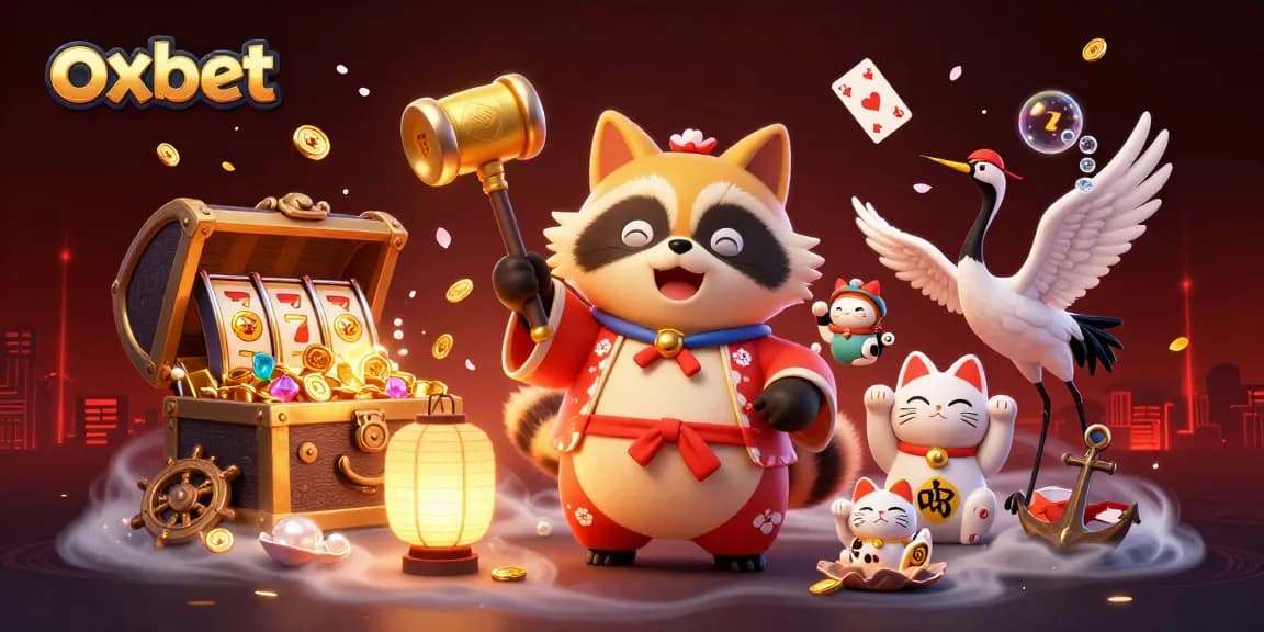 Engage with oxbet's vibrant casino adventures featuring a lucky tanuki and colorful elements.