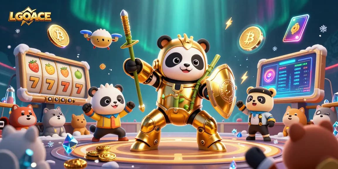 LGOACE offers slot action as a mech-suit panda battles in a vibrant casino arena.