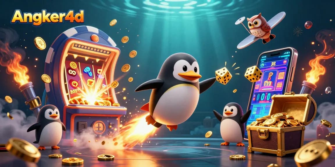 Permainan Angker4d dengan penguin emas terbang dan mesin slot meledak, penuh keberuntungan.
