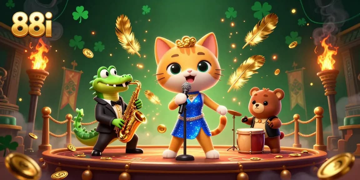 Experience 88i's sparkling online casino ambiance with a jazz-singer cat and vibrant game elements.