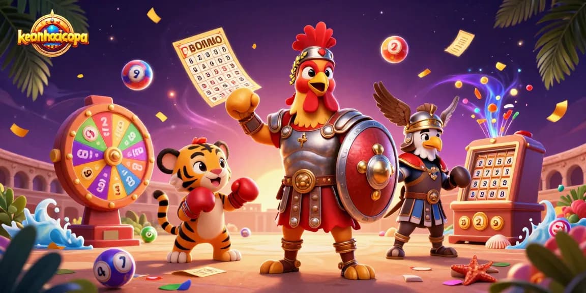 Catch thrilling 'keonhacaicopa' gameplay with gladiator rooster and vibrant casino elements!