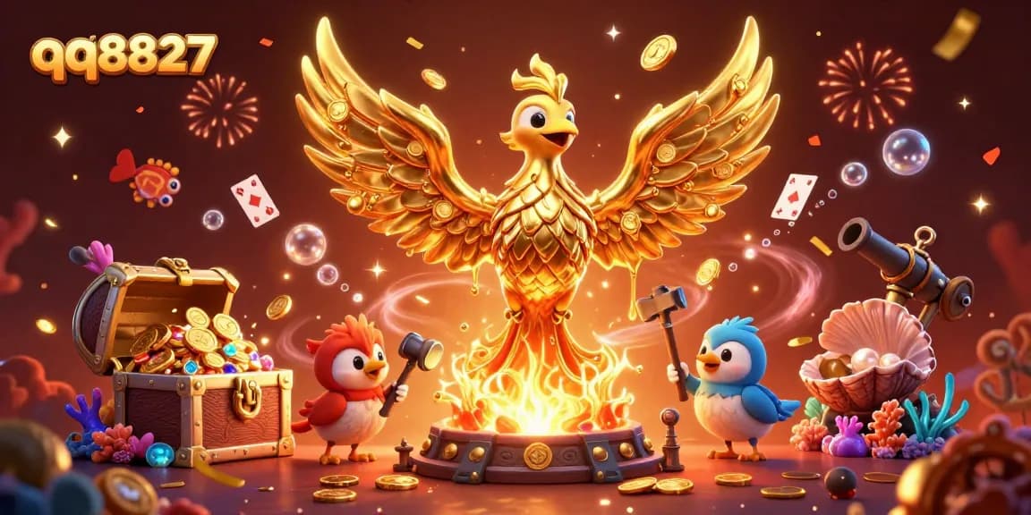 Experience winning thrills with qq8827, featuring a molten golden phoenix among vibrant casino treasures.