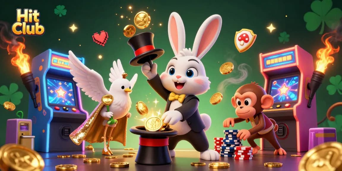 Hit club features a magical rabbit, dove, and monkey in a lively casino scene.