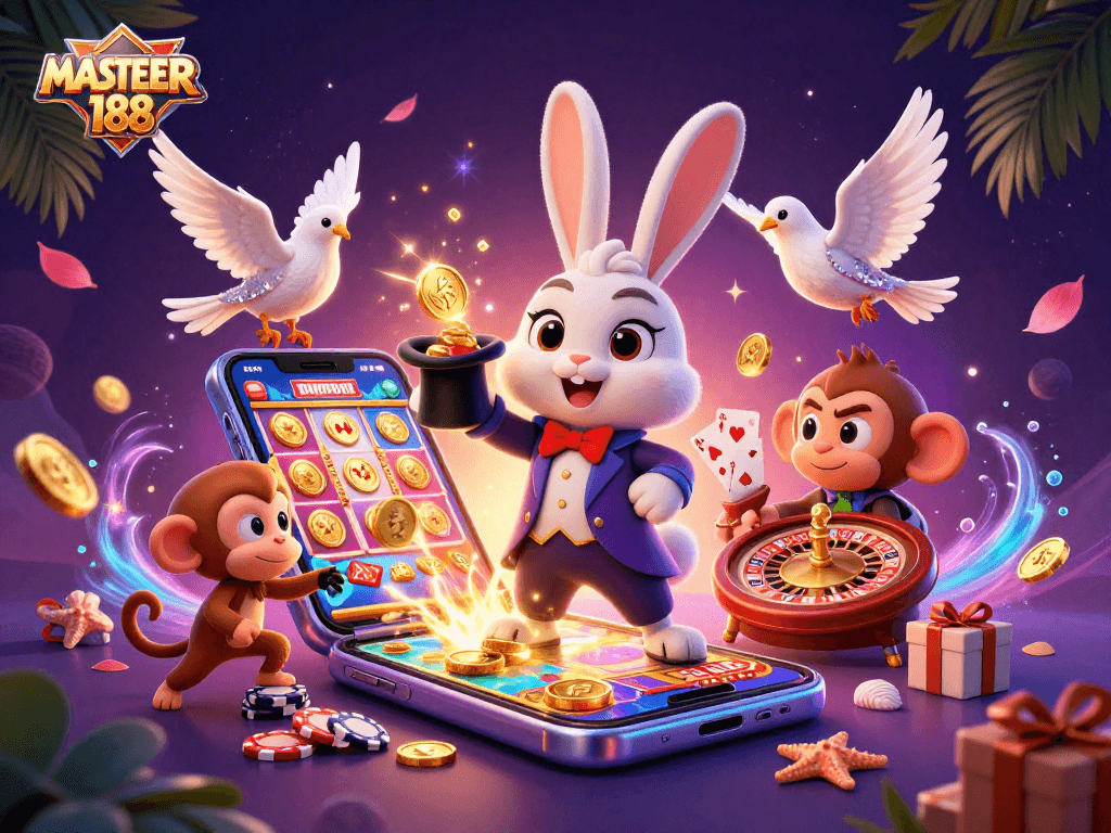 Engage in exciting gameplay at MASTER188 featuring a magician rabbit, a dove, and poker chips.
