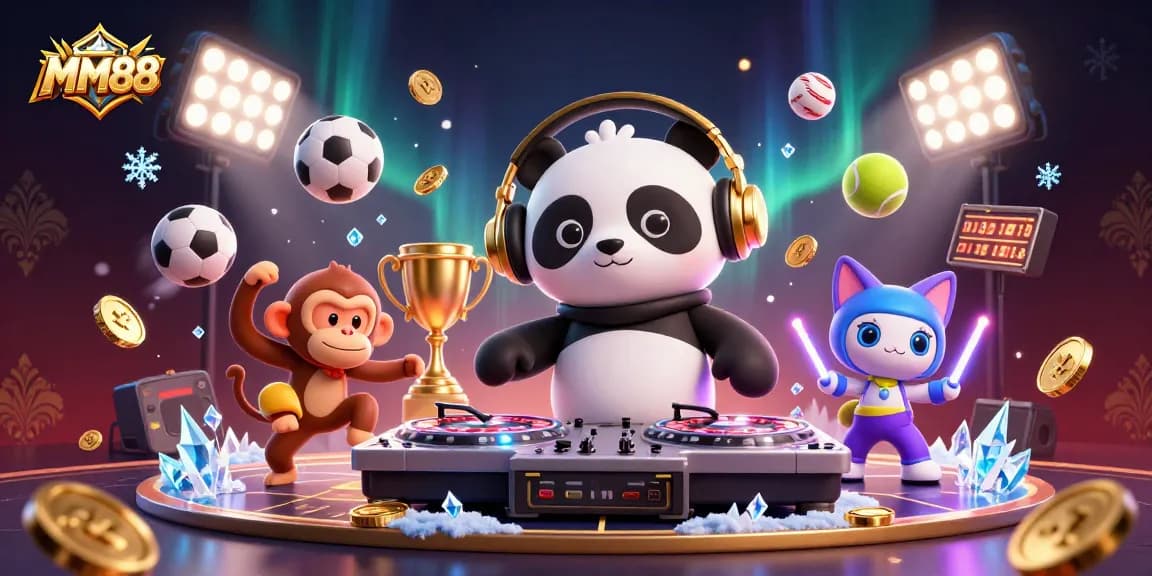 Experience the excitement of MM88 with dynamic characters and engaging elements swirling in a vibrant casino atmosphere.