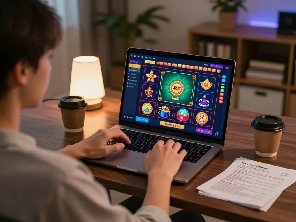 Engaging in online gambling on Sunwin from a cozy setting with a laptop and strategy notes.
