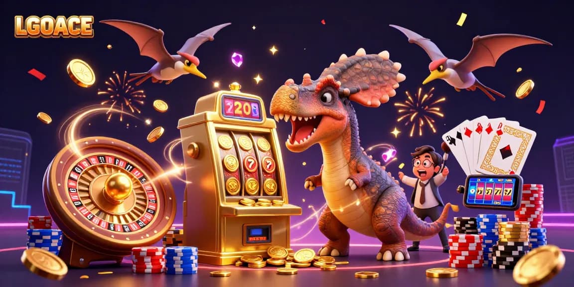 LGOACE showcases a thrilling jackpot scene with a pachycephalosaurus activating a slot machine amidst a vibrant casino atmosphere.