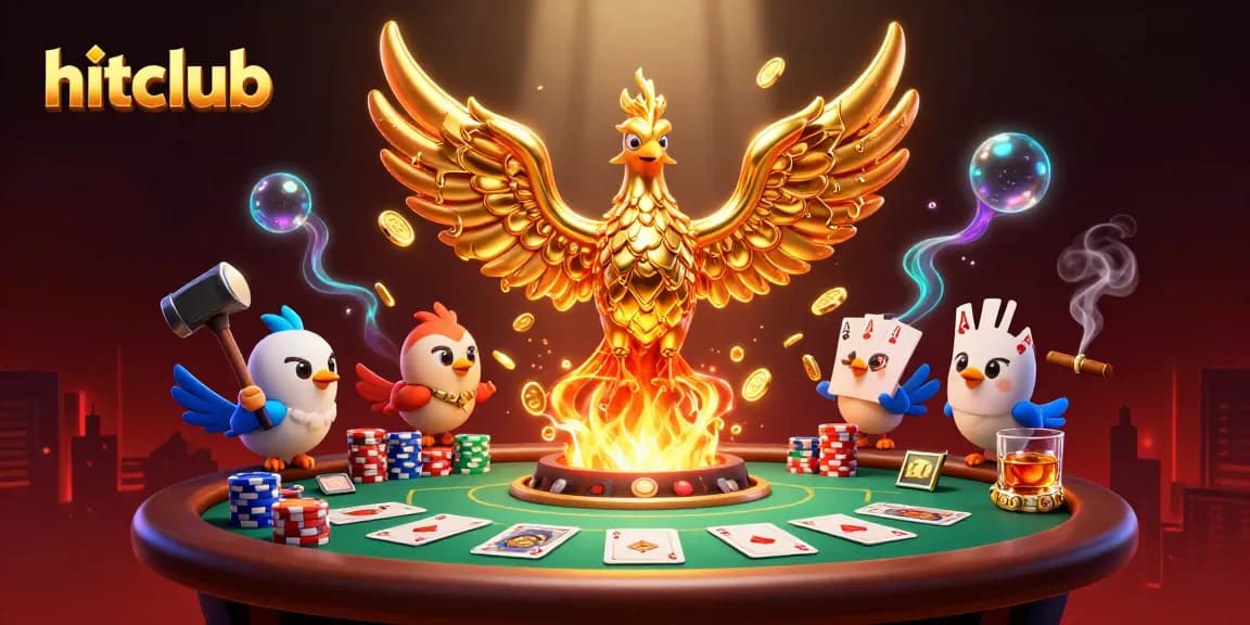 Experience thrilling action at hitclub with a vibrant 3D illustration depicting poker games and golden winnings.