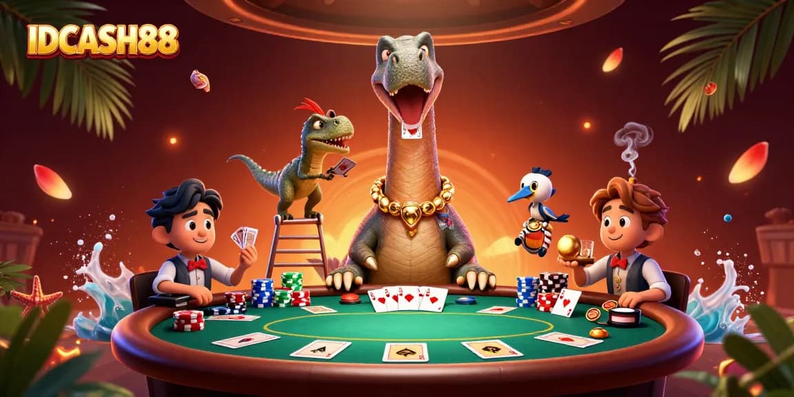 Engage in thrilling gaming at IDCASH88 with a dynamic illustration of a unique Poker table scene.