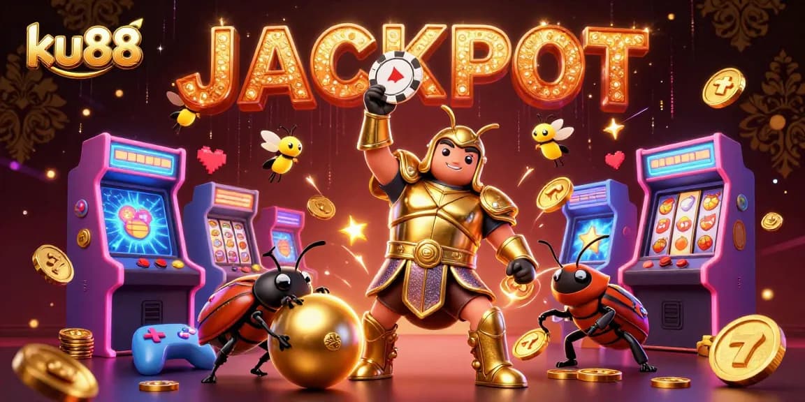 ku88 Jackpot scene with a heroic beetle lifting a chip and vibrant gaming elements