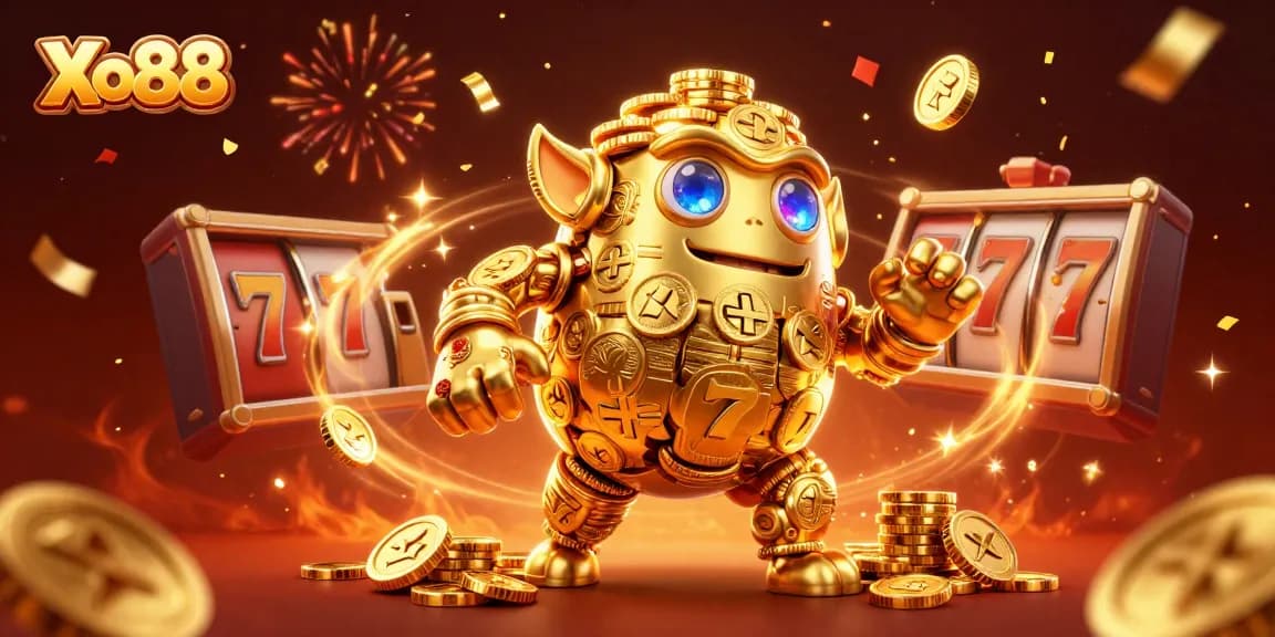 Xo88 slot reels and a golden golem celebrate with fireworks in an energetic casino scene.