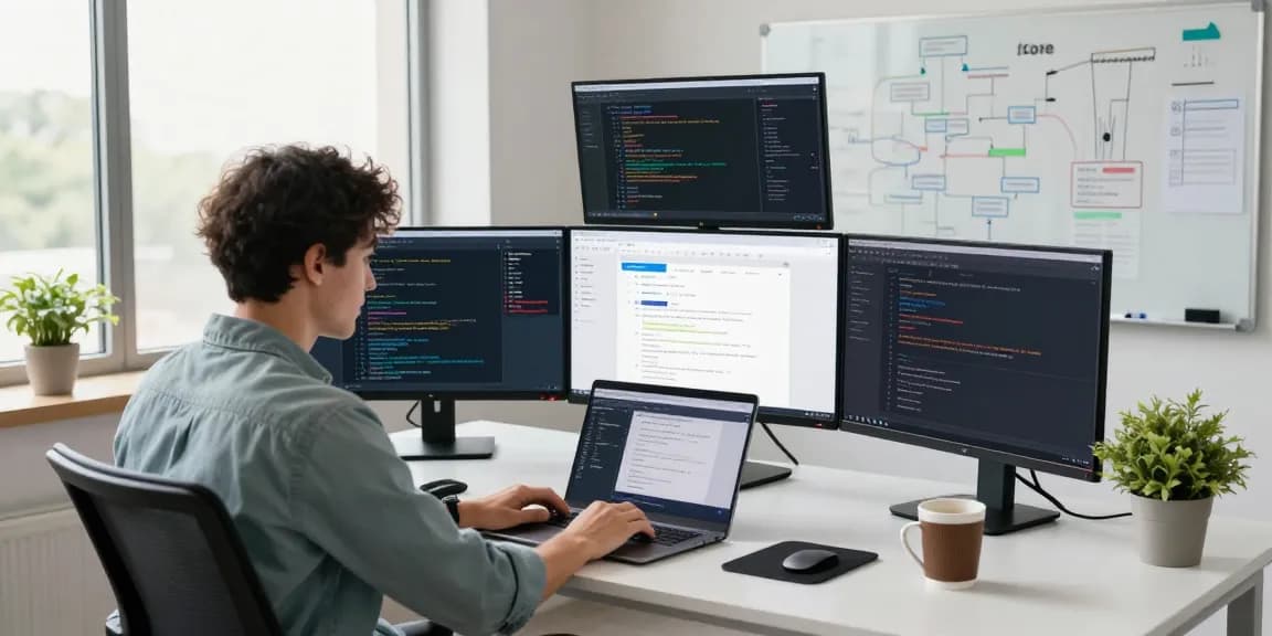 Developer builds internal tools with AI in a modern office, showcasing collaborative technology and dynamic workspace.