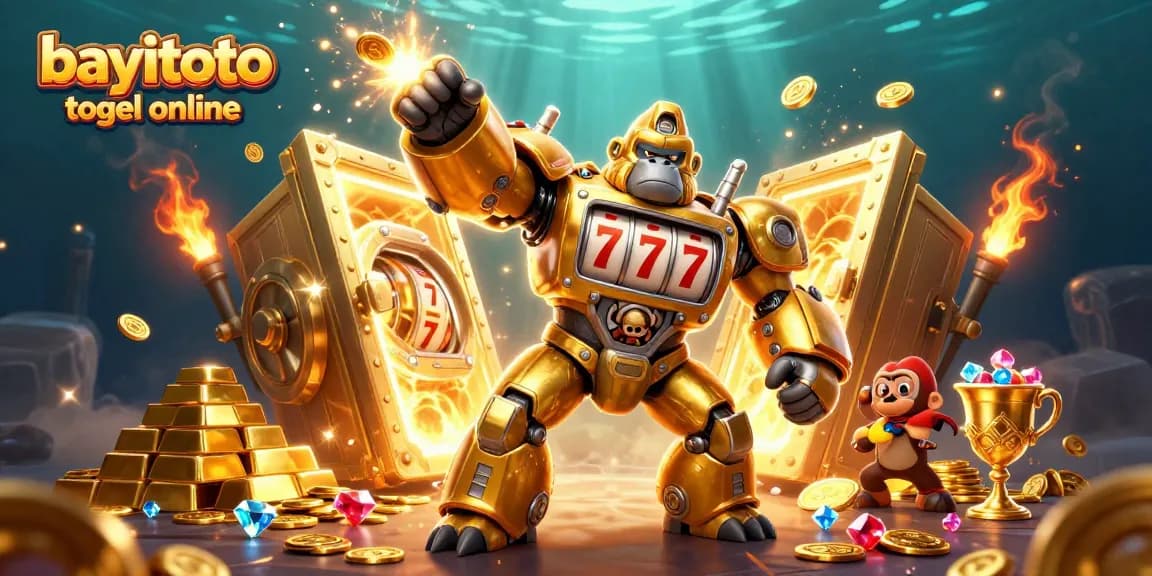 Experience bayitoto togel online with an action-packed scene featuring a golden gorilla mech and treasure.