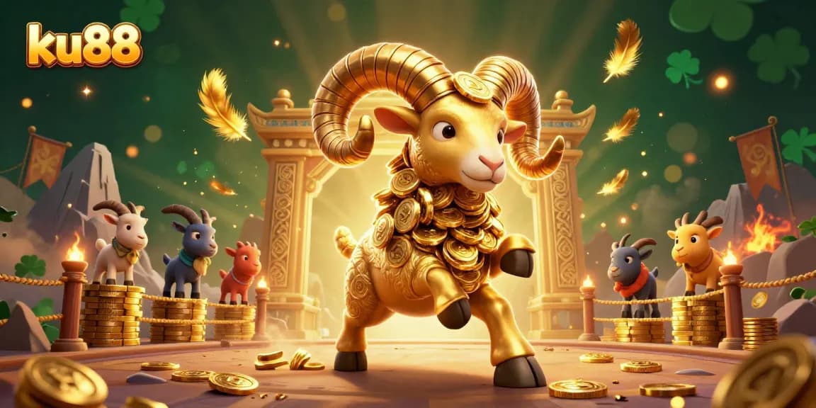 ku88 showcases a golden ram charging through a casino-themed scene filled with vibrant elements