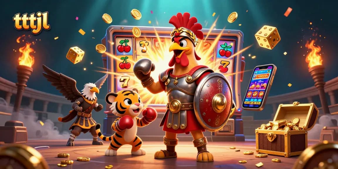 Engage with thrilling slot action at tttjl featuring a 3D gladiator rooster in an exciting casino scene.