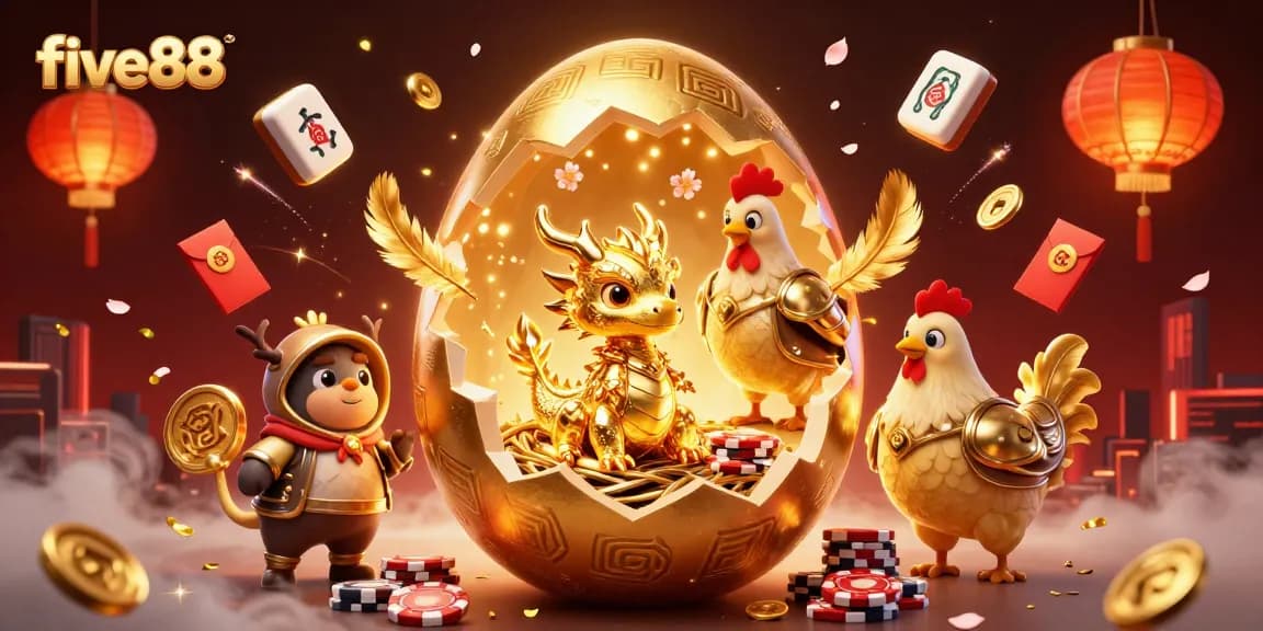 Experience excitement with five88 as a golden dragon emerges from a nest of poker chips.