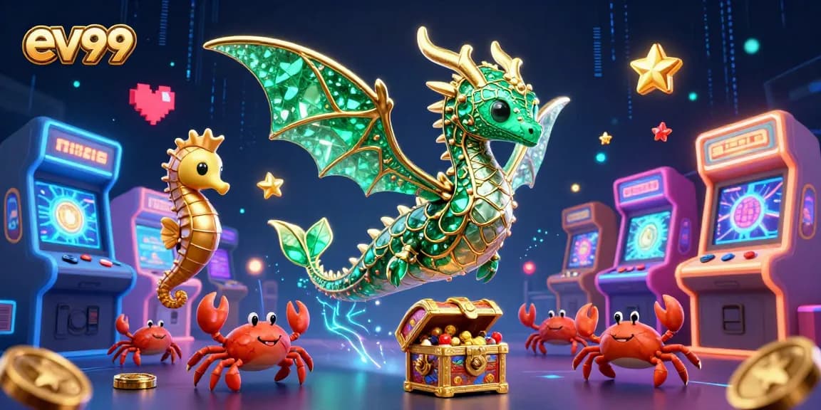 ev99 players engage in dynamic casino experiences with the animated sea dragon and treasure chest.