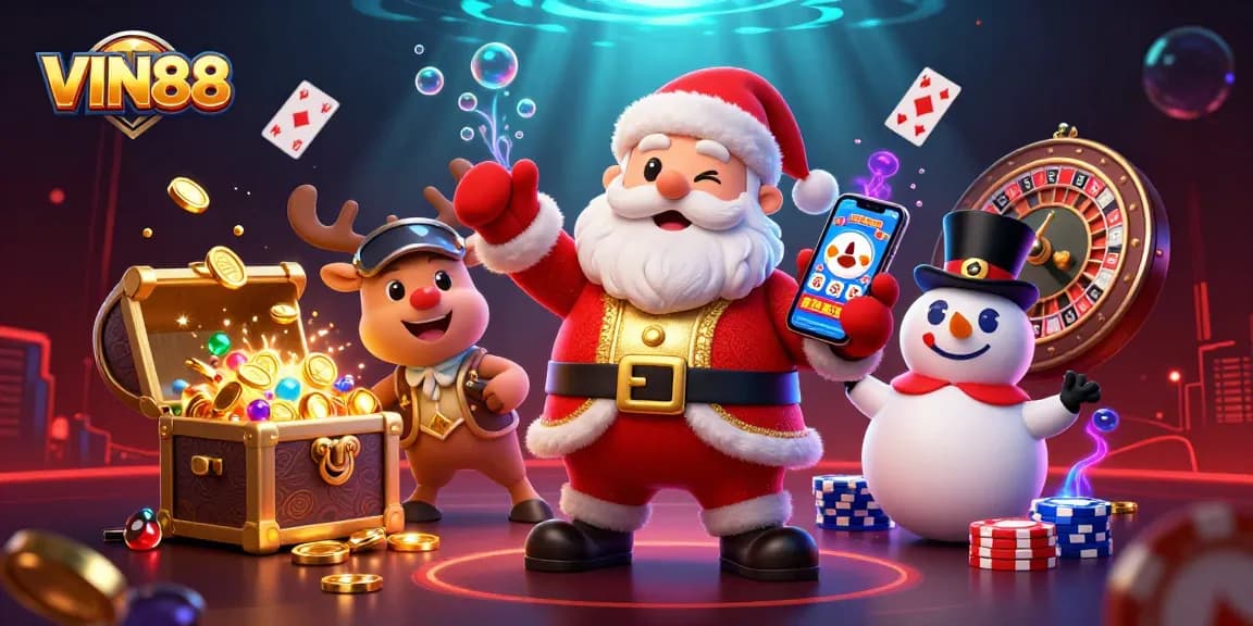 VIN88 showcases a cartoon scene with Santa, reindeer, and snowman amid jackpot slots and casino elements.