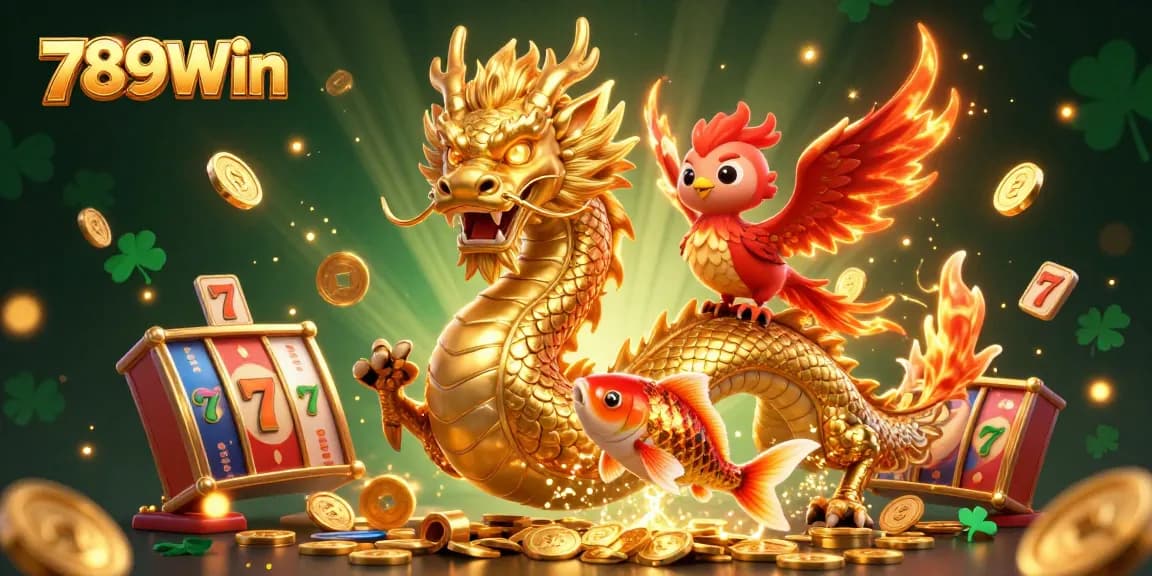 Engage with 789Win's exhilarating slot games featuring a golden dragon, phoenix, and koi fish amidst sparkling coins.