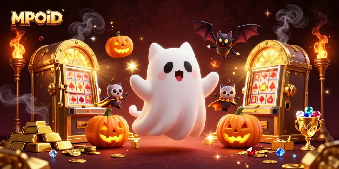 Experience MPOID with floating ghost cat in a vibrant haunted casino scene, stacked with treasures.