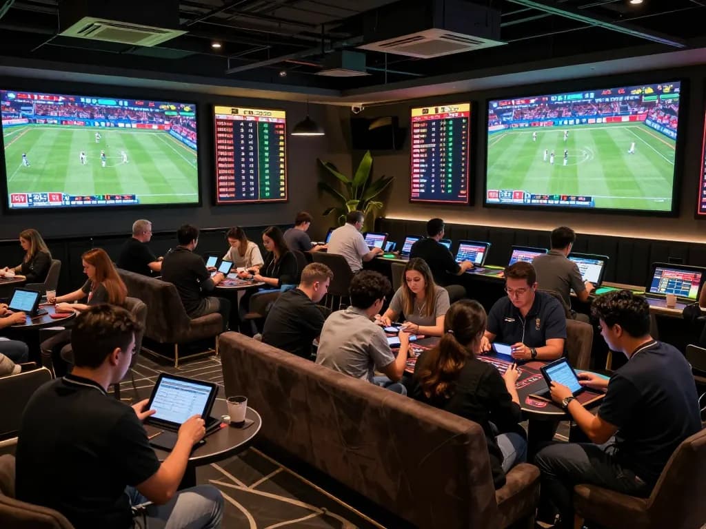 Engaging in thrilling kèo nhà cái hôm nay betting at a stylish sports lounge with live events.