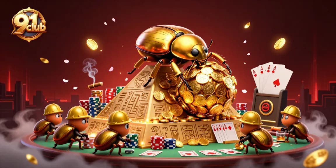 Experience thrilling gameplay at 91club as a golden beetle rolls coins amid vibrant casino elements.