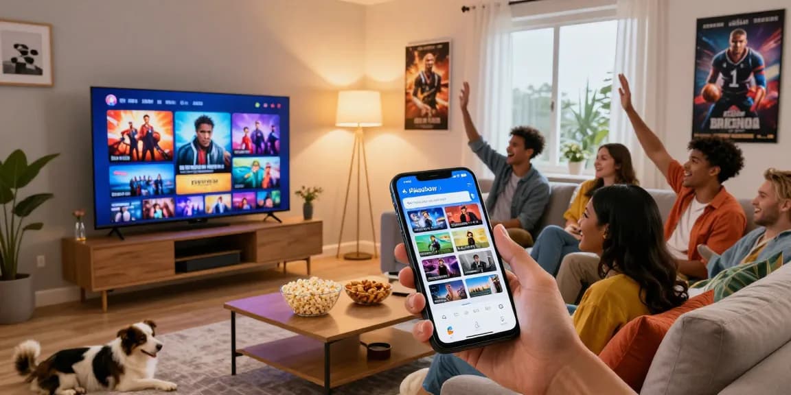 Friends enjoying movie night using Pikashow APK on smart TV, cozy living room scene