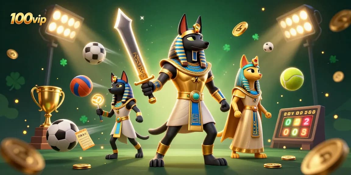Experience immersive gaming at 100vip with Anubis and Bastet in a dynamic casino scene.