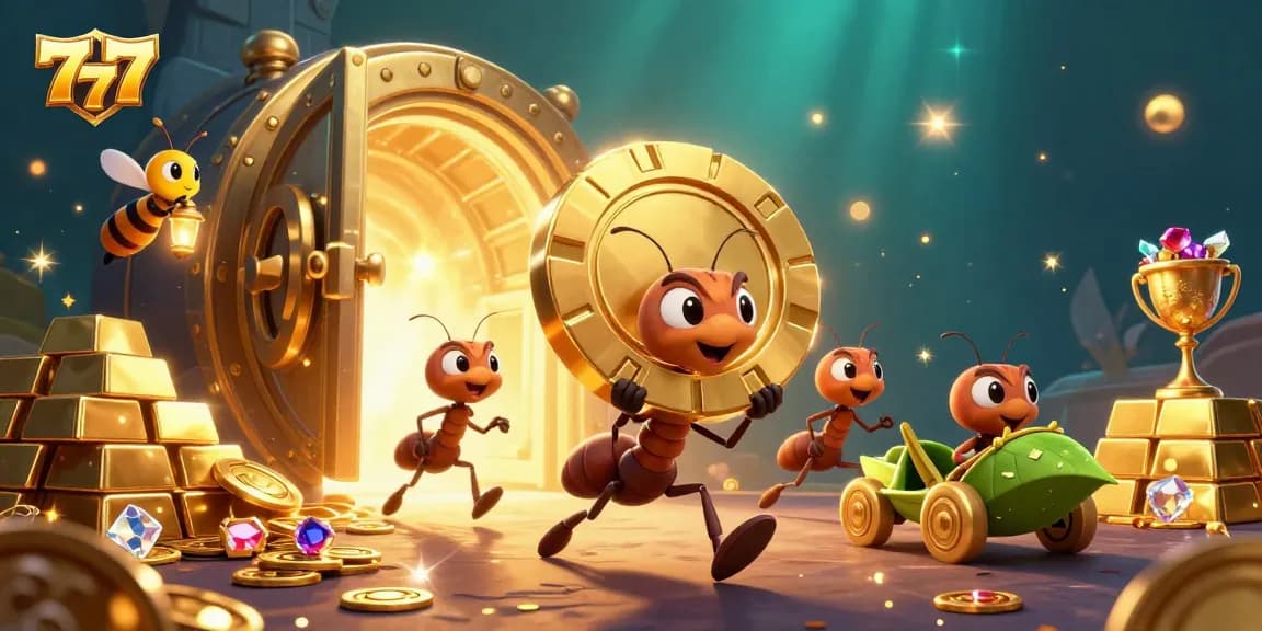 Watch ants strategize a heist with a giant poker chip in the thrilling world of 777!