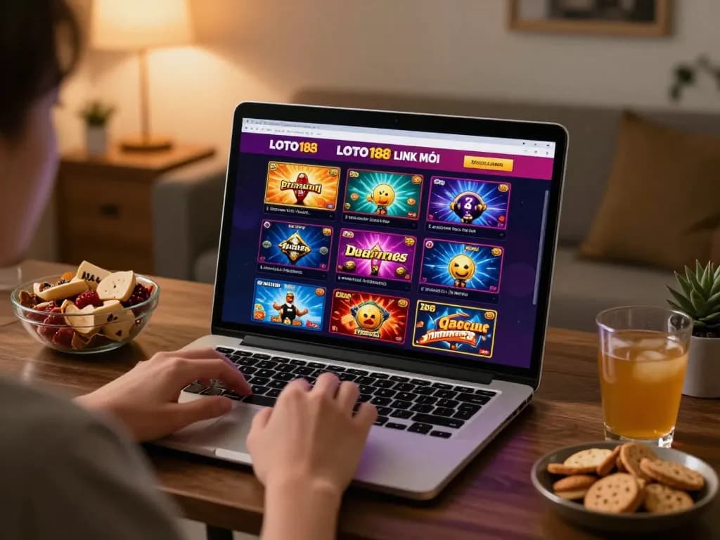 Engaging with the LOTO188 LINK MỚI on a laptop in a cozy home gaming setup, showcasing online casino features.