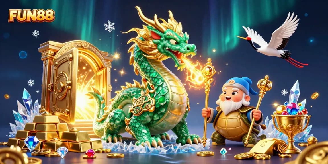 Engage in thrilling gaming at FUN88 with a vibrant scene featuring a jade dragon and golden treasures.