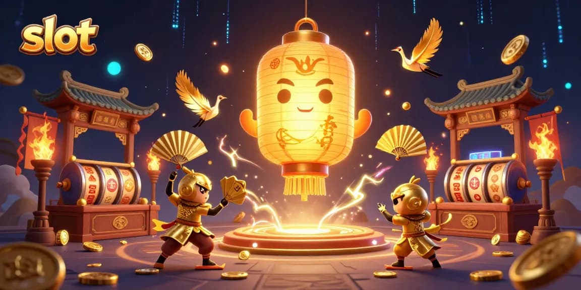 Spin slot reels in this vibrant 3D casino scene filled with lucky symbols, golden lanterns, and dynamic game elements.
