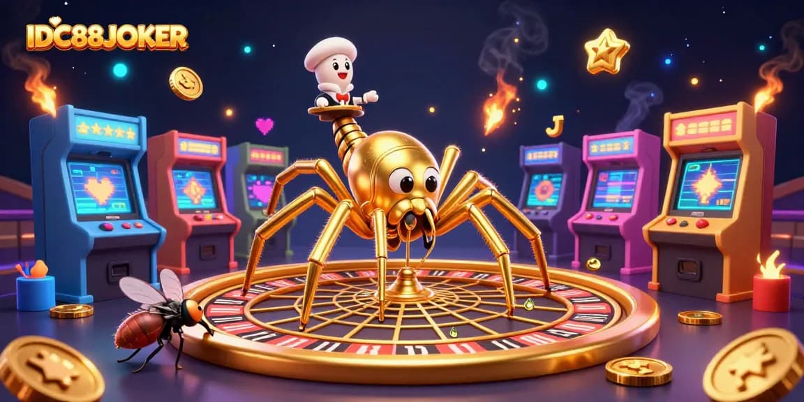 Experience exhilarating gameplay at IDC88JOKER as a fly nervously bets while a spider spins a golden roulette wheel.