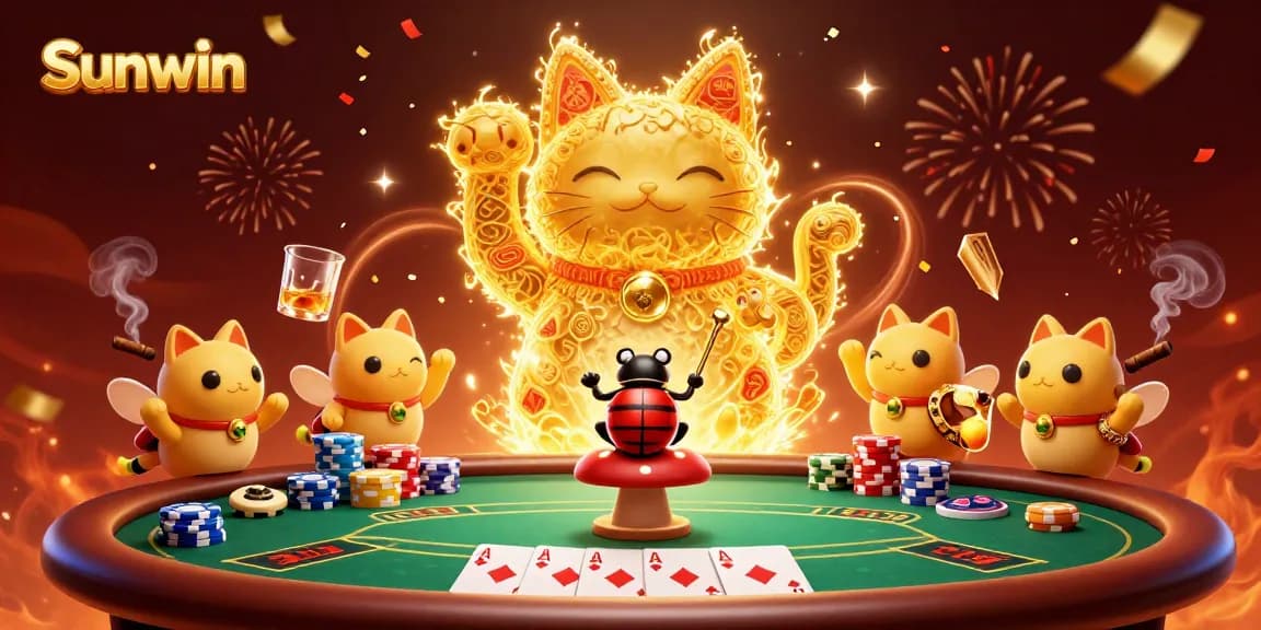 Experience thrilling gameplay with Sunwin, featuring a lucky cat made of fireflies amid vibrant casino elements.