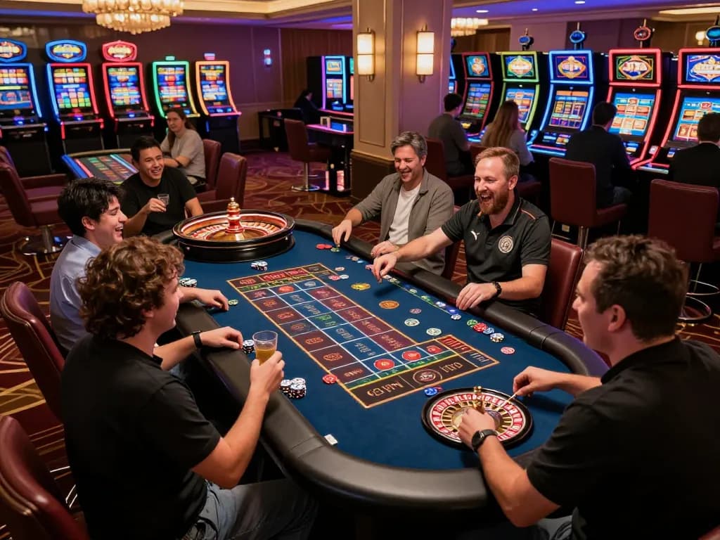 MM88 players engaging in an exciting roulette game with vibrant atmosphere and upscale decor
