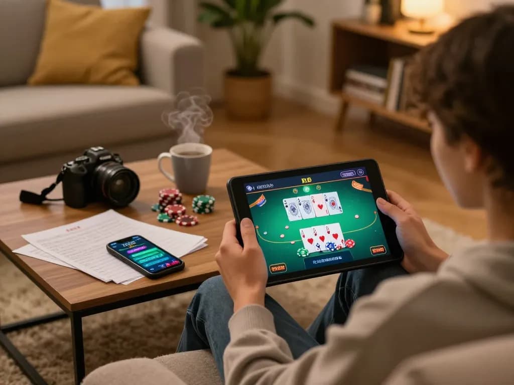 Engaging in online casino gaming with nhà cái 789WIN at a cozy home setting, featuring poker game on tablet.