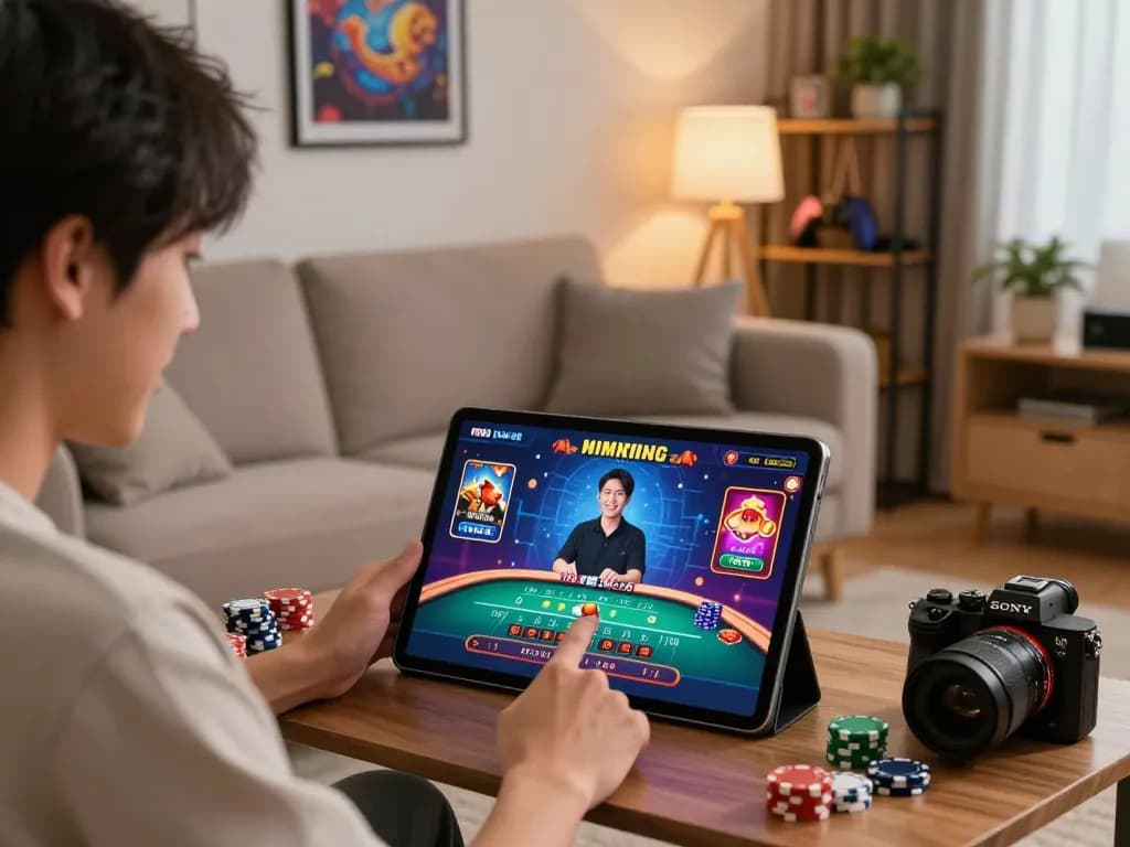 Engaging player at home enjoying online gaming at https://rr88c.mobi/ with live casino graphics and vibrant decor.